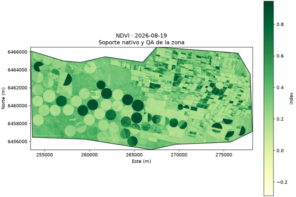 Mapa NDVI de San Luis–Córdoba del 19 de agosto de 2026, con distintos tonos de verde, escala original y coordenadas